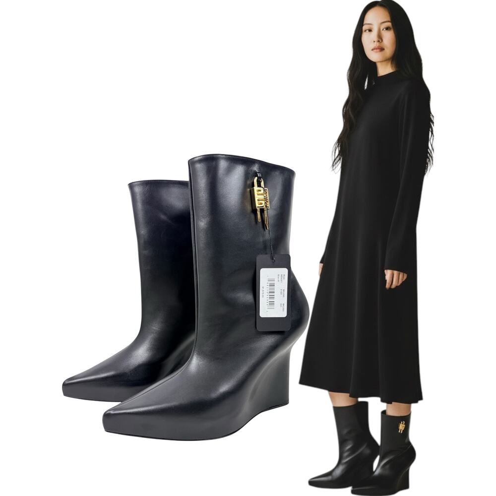 New Givenchy Shark Lock Wedge Platform Ankle Boots Black Size 41